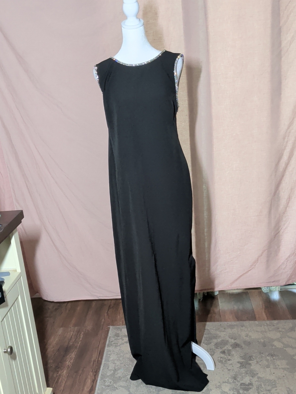Donna Karan Black Sleeveless Maxi Dress with Rhinestone Trim